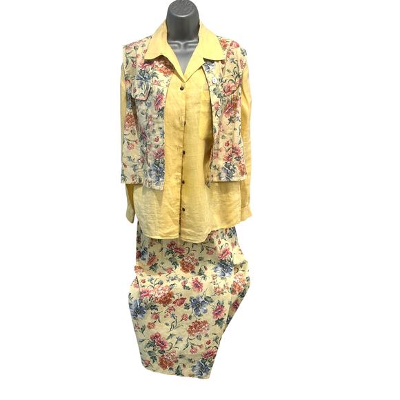 Carroll Reed/Bushwacker USA Vintage Linen Soft Yellow Floral Skirt Blouse Vest-8 - Picture 1 of 16